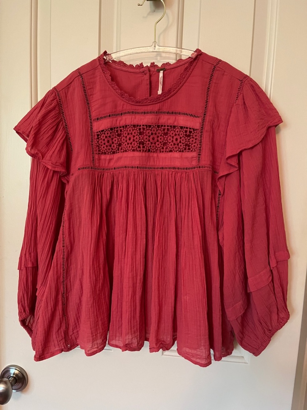 Free People Rose Red Peasant Blouse with Lace Yoke